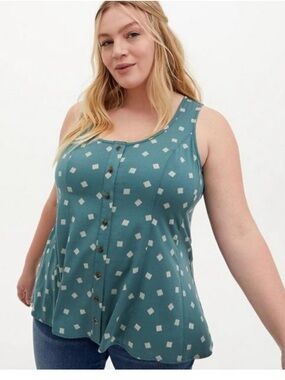 torrid Teal Button-Front Sleeveless Tank with Cream Geometric Motif